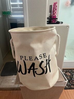 Canvas Laundry Bin "Please Wash" - Cream with Black Text